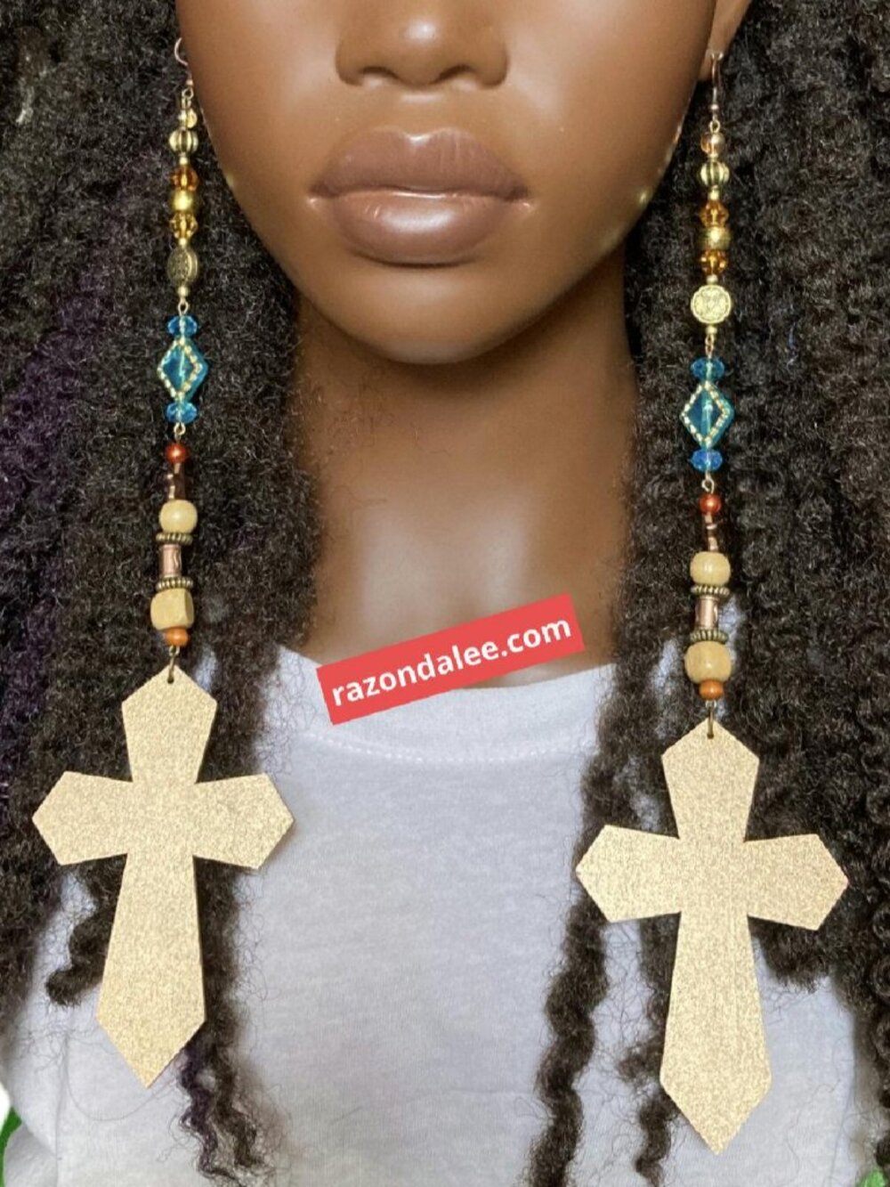 Elongated Dangle Earrings Wooden Crosses Antique Gold Multi by Razonda Lee